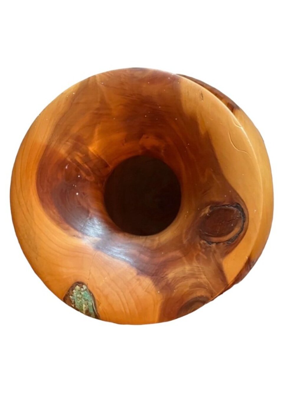 Dick Hager Wood  Vessel Red Cedar w/ ground Turquoise Inlay & Resin 6.5" D READ - Picture 16 of 16